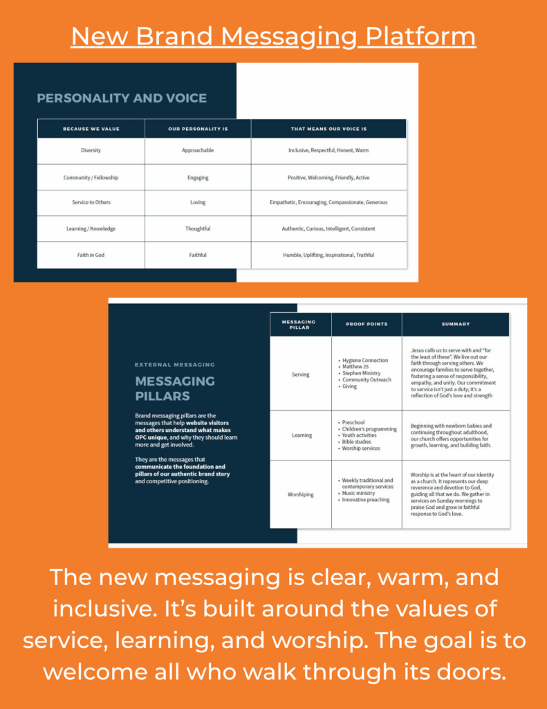 overbrook brand messaging 
The new messaging is clear, warm, and inclusive—built around service, learning, and worship to reflect the church’s values and welcome all who walk through its doors