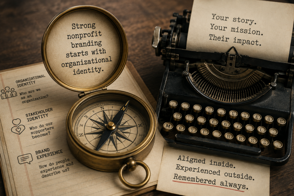Vintage desk scene featuring a brass compass, a classic typewriter, and handwritten notes illustrating how organizational identity, stakeholder identity, and brand experience work together to build a strong nonprofit brand