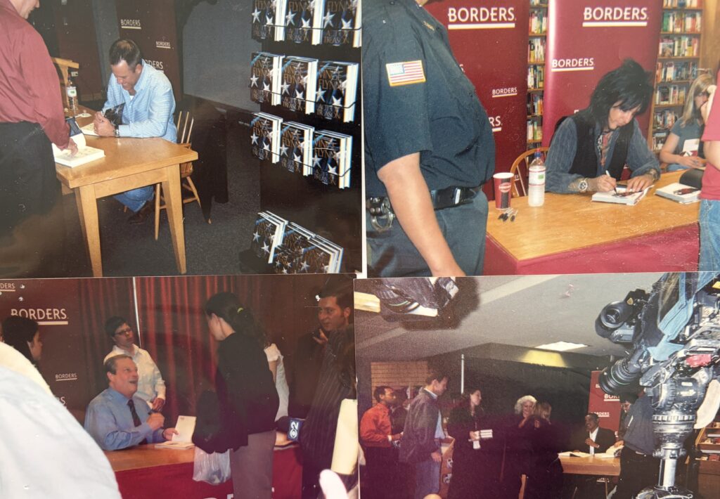 Old photos of author events at Borders Books and Music. Authors include Vince Flynn, Nikki Sixx, Al Gore, and Barack Obama