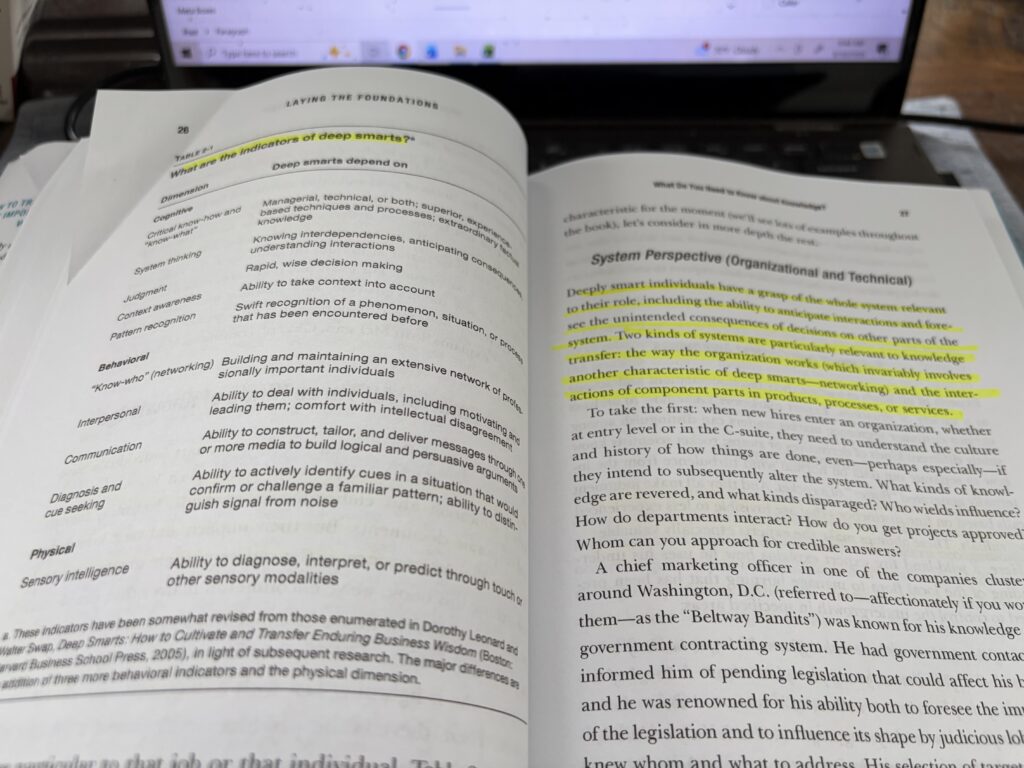 Critical Knowledge Transfer: Tools for Managing Your Company’s Deep Smarts by Dorothy Leonard, Walter Swap, and Gavin Barton. open to a page about Deep Smarts