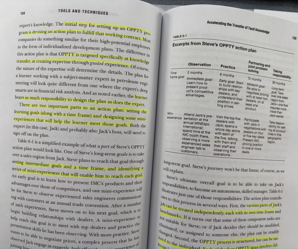 OPPTY plan pages. Critical Knowledge Transfer: Tools for Managing Your Company’s Deep Smarts by Dorothy Leonard, Walter Swap, and Gavin Barton.