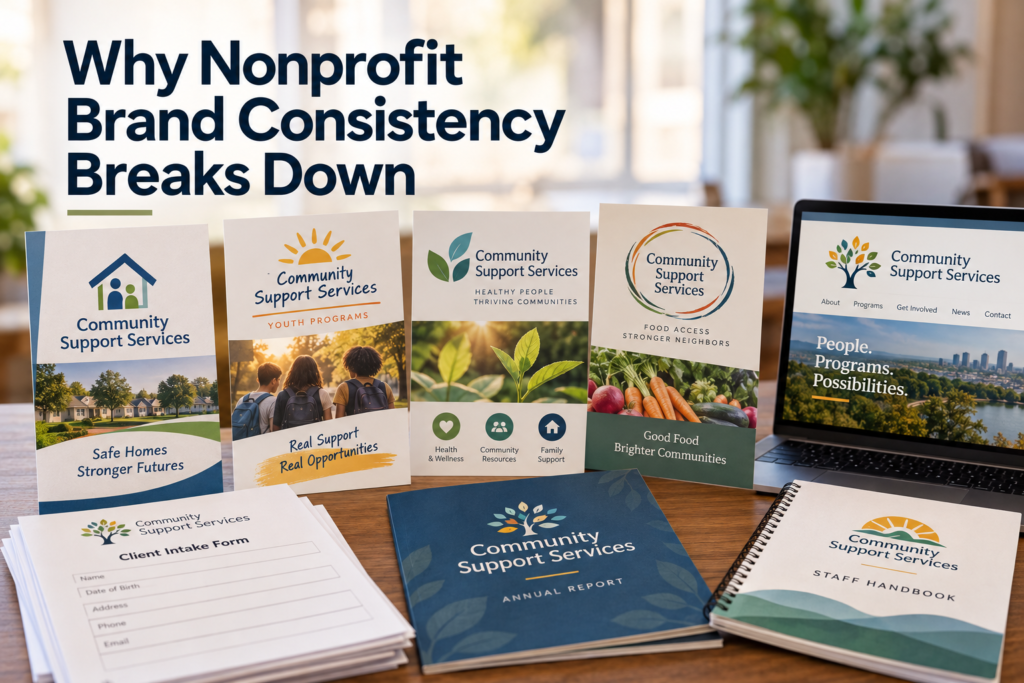 Why Nonprofit Brand Consistency Breaks Down desk with brochures and a laptop screen showing different logos, fonts, and colors for one nonprofit brand.