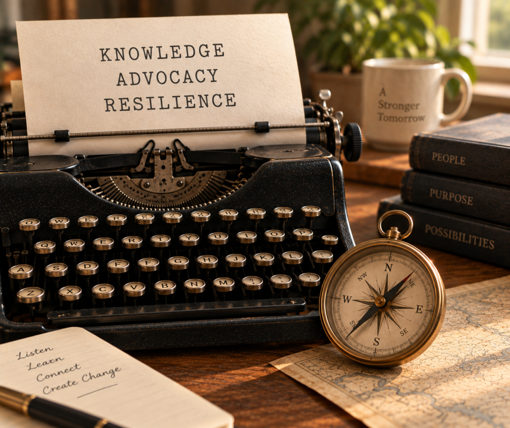 Vintage typewriter displaying the words “Knowledge, Advocacy, Resilience,” beside a compass, map, notebook and books representing people, purpose and possibilities. Advocacy as Resilience: Putting What Your Organization Knows to Work
